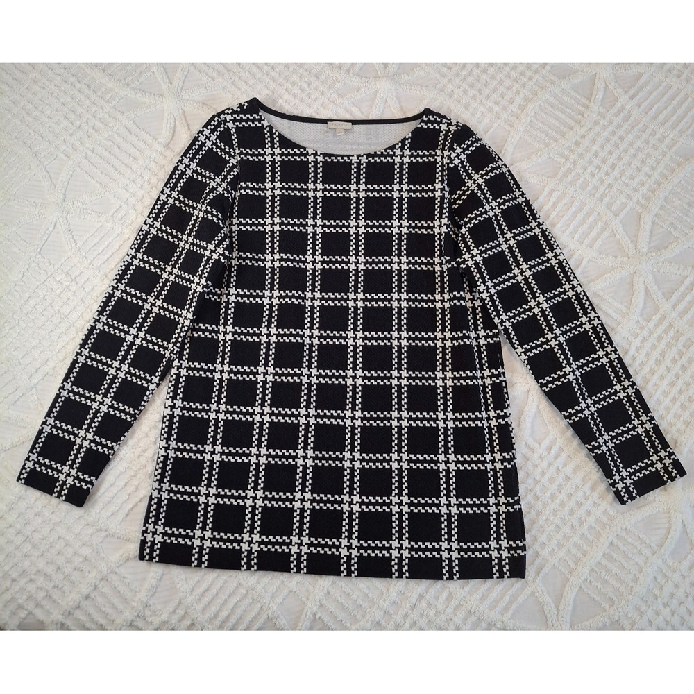 Talbots Womens Large Knit Top Black White Windowpane Plaid Houndstooth Boat Neck